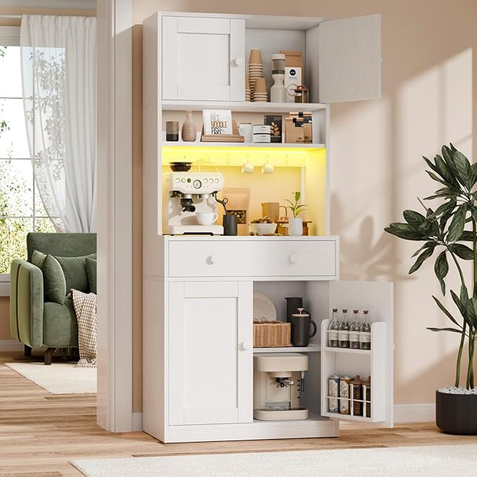 Korfile 71" Tall Kitchen Pantry Storage Cabinet with Power Outlet & LED Light, Freestanding Food Pantry Cabinet with 4 Doors and Shelves, Cupboard with Drawer, Hutch with Microwave Stand, White