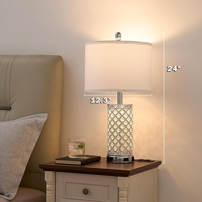 SAIWEYA Modern Crystal Table Lamp - 24in Silver Bedroom Lamps 3-Way Dimmable Touch Lamp with Night Light, 2 USB Ports + AC Outlet, Bedside Night Stand Lamp for Living Room Office (Silver- 1 Pack 24In)