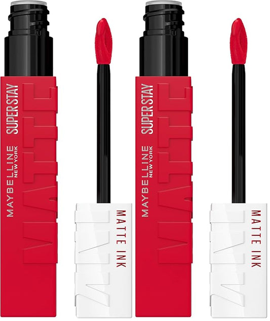 MAYBELLINE SPステイ マットインク リキッド リップスティック メイクアップ、長時間持続 高発色、最長16時間、ショットコーラー、ブライトピンキーレッド、1本入り、パッケージは異なる場合があります (2個パック)