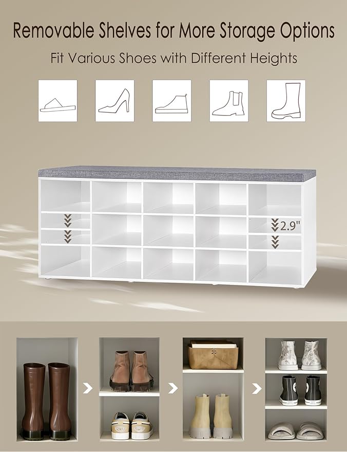 DINZI LVJ Shoe Storage Bench with Cushion, 13-Cubby Shoe Rack, Adjustable Shelves, Multifunctional Shoe Organizer Bench for Entryway, Mudroom, Hallway, Living Room, Bedroom and Garage, White