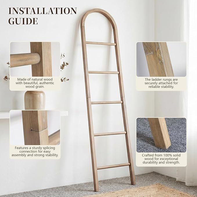 Wooden Blanket Ladder - Natural & Motley Wood - Leaning Wall Decor for Bedroom, Bathroom, Living Room - Rustic Quilt Holder & Towel Rack (Brown-Curved, 76in（5-Tier）)