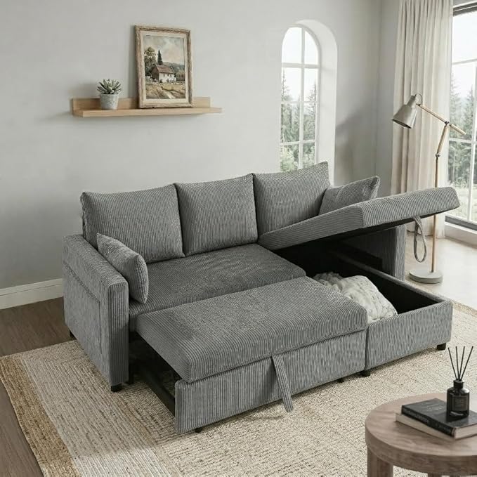 Sectional Sleeper Sofa with Pull Out Bed, L Shape Convertible Sofa Bed Couch with Storage Chaise, 3 in 1 Pull Out Sofa Bed with 3 Seats for Living Room,Apartment, Gray, 85Inch