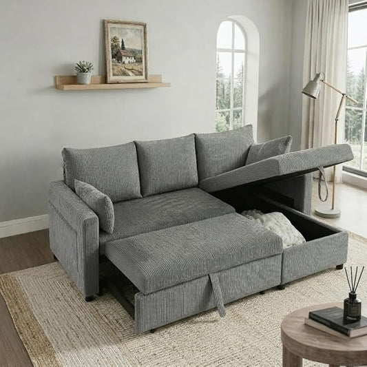 Sectional Sleeper Sofa with Pull Out Bed, L Shape Convertible Sofa Bed Couch with Storage Chaise, 3 in 1 Pull Out Sofa Bed with 3 Seats for Living Room,Apartment, Gray, 85Inch