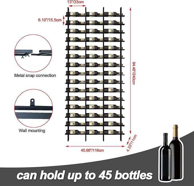 Large Wall Mount Wine Rack, 16 Tier 48 Bottle Wine Storage Organizer Display Holder, Metal Liquor Display for Wine Cellars, Home Bars, Kitchens, and Dining Rooms