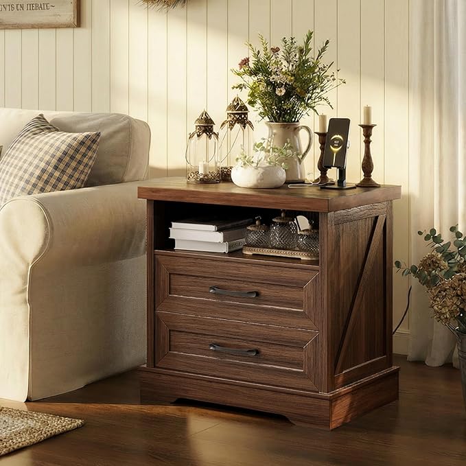 AODK 24 Inch Farmhouse Nightstand Set of 2, Bedside Tables with Charging Station, Wood End Tables with 2 Drawers and Open Shelf, Rustic Bed Side Table for Bedroom & Living Room, Dark Walnut
