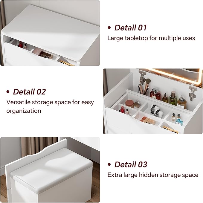 Mr IRONSTONE Compact Vanity Desk with Mirror and Lights, Hidden Makeup Vanity Cabinet with Storage Drawers & Shelves, Small Vanity Table for Bedroom, Flip Top Vanity for Small Spaces, White