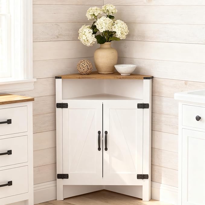 M METERXITY Bathroom Corner Cabinet, Farmhouse Corner Cabinet with Barn Doors, Adjustable Shelf, Small Storage Cabinet Corner for Kitchen, Pantry, Dining, Living, Entryway, Rustic