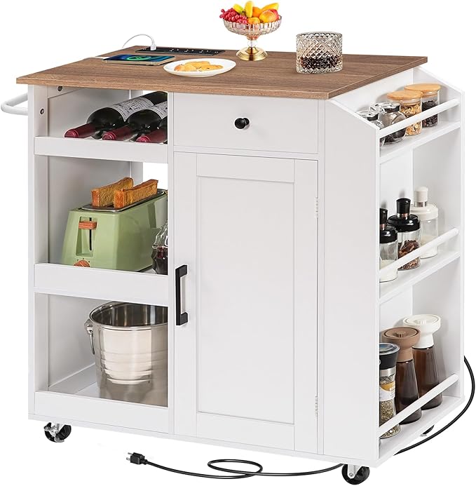 MAHANCRIS Kitchen Island with Power Outlet, Kitchen Storage Island with Drawer, Rolling Kitchen Cart on Wheels, Spice Rack, Towel Rack, Wine Rack, for Dining Room, White and Walnut KIBZ122E01