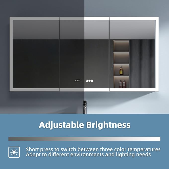 LED Medicine Cabinet Mirror, 60x30 Inch Bathroom Storage, Recessed/Wall Mount, Plug-in/Hardwired, 3 Color Dimmable Light, Anti-Fog, Time Temp Display