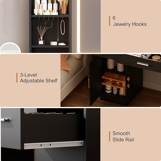 ERLEJIA Vanity Desk with Mirror and Lights, 39.37" 4 Drawers Makeup Desk Without Stool, Extra Foldable Desk with 3 Open Shelves Make Up Table for Girls and Ladies Bedroom, Black
