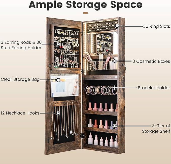 CHARMAID LED Mirror Jewelry Cabinet, Lockable Jewelry Armoire with Adjustable Lighted Full Length Mirror, 3 Lighting Sets, Wall Mounted Door Hanging Jewelry Storage Organizer (Rustic Brown, 42.5''H)