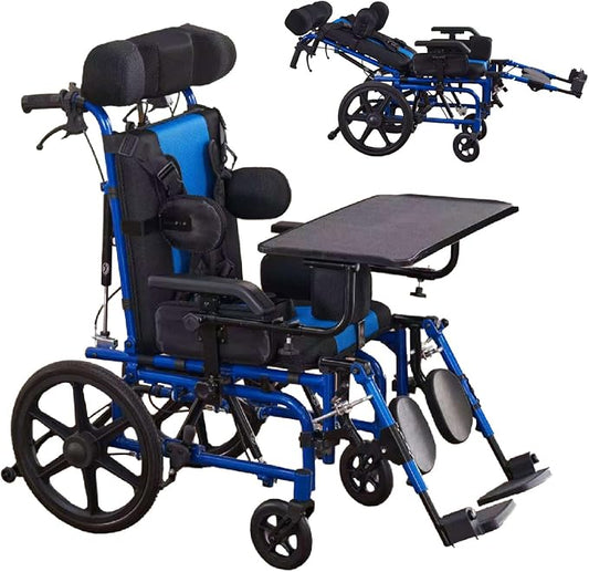 High Back Functional Wheelchair for Children and Teenagers with Cerebral Palsy 16 Inch Seat Width 180 Degree Recline Removable Dining Board Blue