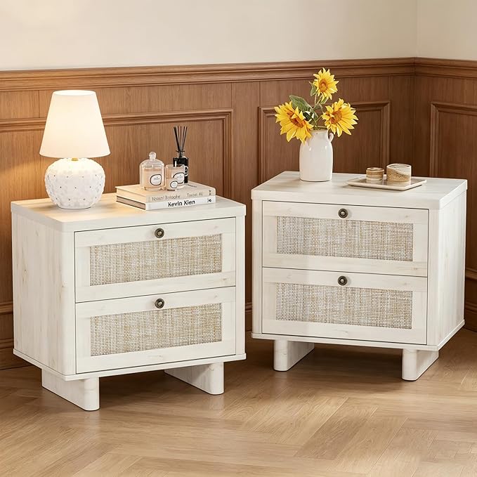 LAZZO White Nightstands Set of 2, Mid Century Modern Night Stand with 2 Rattan Drawers, Bedroom End Tables
