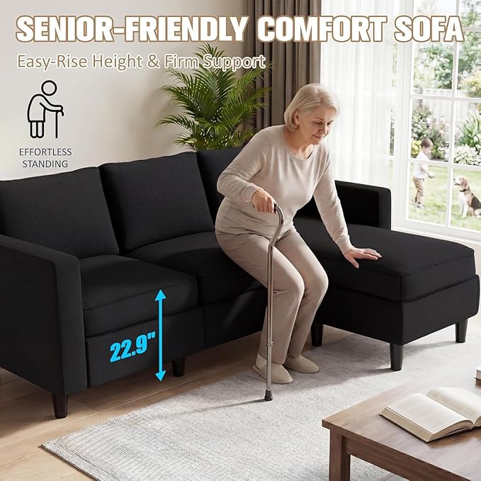 JAMFLY Sectional Sofa for Living Room, 3-Seat Reversible Couch with Convertible Ottoman, Modern L-Shaped Sofas for Small Apartment, Studio & Office, Tool-Free Easy Assembly, Black