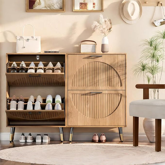 Farmhouse Shoe Cabinet Storage for Entryway, Slim Shoe Rack Cabinet with 4 Flip Drawers, Narrow Shoe Organizer Cabinet with Stylish Round Panel, Metal Leg and Handle