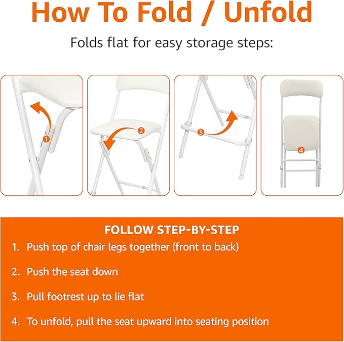 Amazon Basics Folding Bar Stool with Footrest, Portable, Sturdy, Space-Saving Storage, 300lb Capacity, 24" Height, White, Set of 2