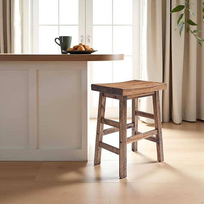 Alaterre Furniture Durango 26-Inch Tall Industrial Wood Counter-Height Stool Bar Stool, Kitchen, Seating, Vintage-Style Saddle Seat, Comfort, Rustic Industrial, Light or Dark Tone Lacquer Finish