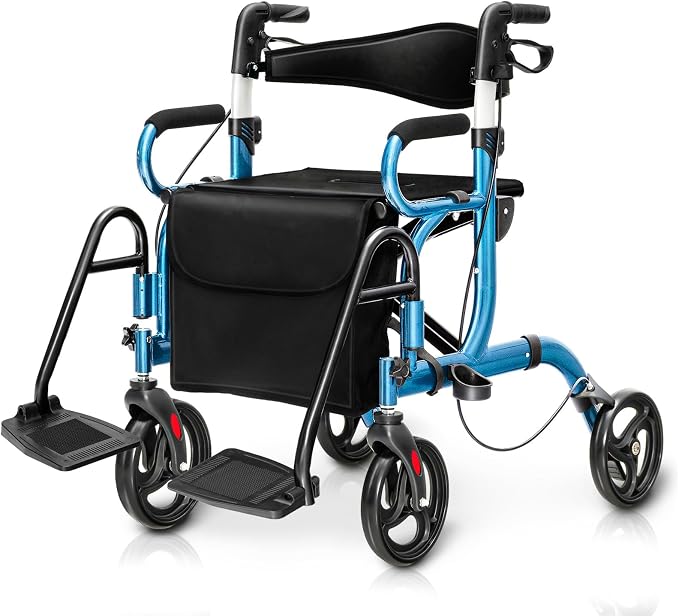 Goplus 2 in 1 Rollator Walker for Seniors, Medical Walker with Seat, Folding Transport Wheelchair Rollator with 8" Wheels, Reversible Backrest, Footrests, Aluminum Mobility Walking Aid (Blue)