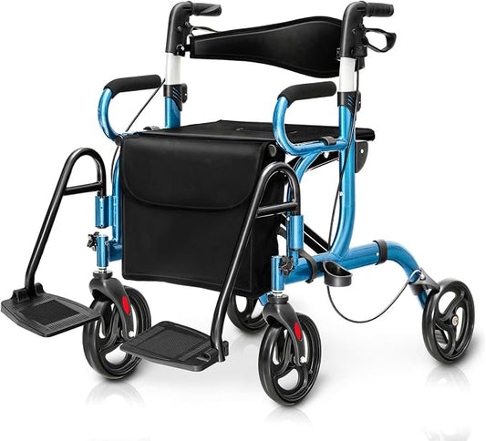 Goplus 2 in 1 Rollator Walker for Seniors, Medical Walker with Seat, Folding Transport Wheelchair Rollator with 8" Wheels, Reversible Backrest, Footrests, Aluminum Mobility Walking Aid (Blue)