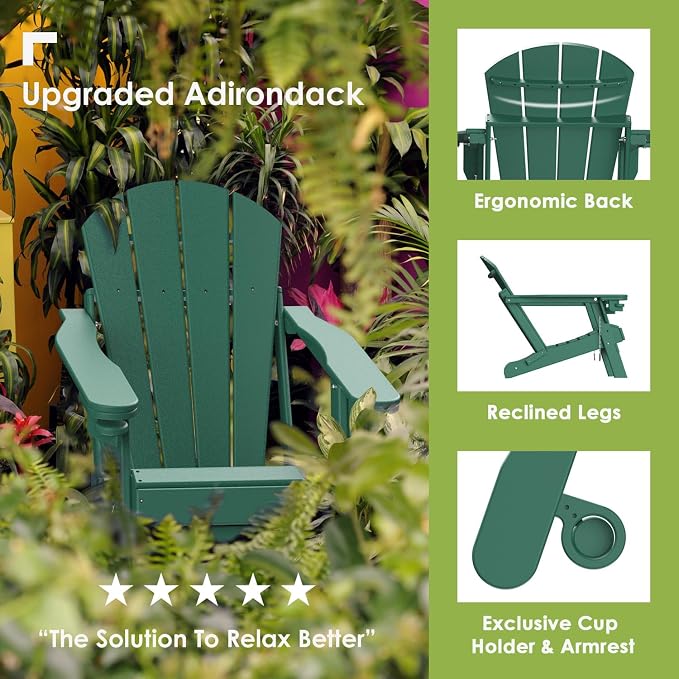 GREENVINES Adirondack-Chairs-with-Ottoman | Set of 6 | Folding | Retractable-Footrest | HDPE Plastic | All Weather Fire Pit Chair | Cup Holders | Forest | for Outdoor Poolside