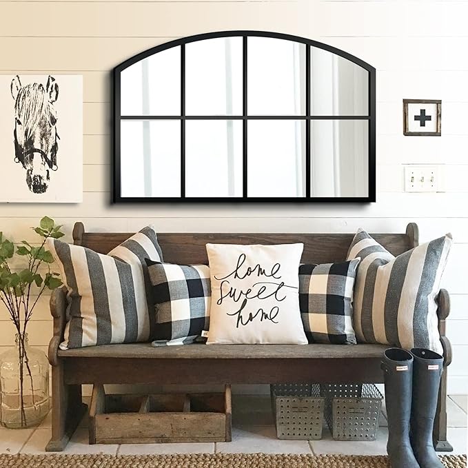 WAMIRRO Wide Window Pane Black Mirror,Farmhouse Arched Wall Mirrors,Grid Mirrors for Fireplace/Entryway/Hallway/Living Room,28“X42” (Black Wide Mirror)