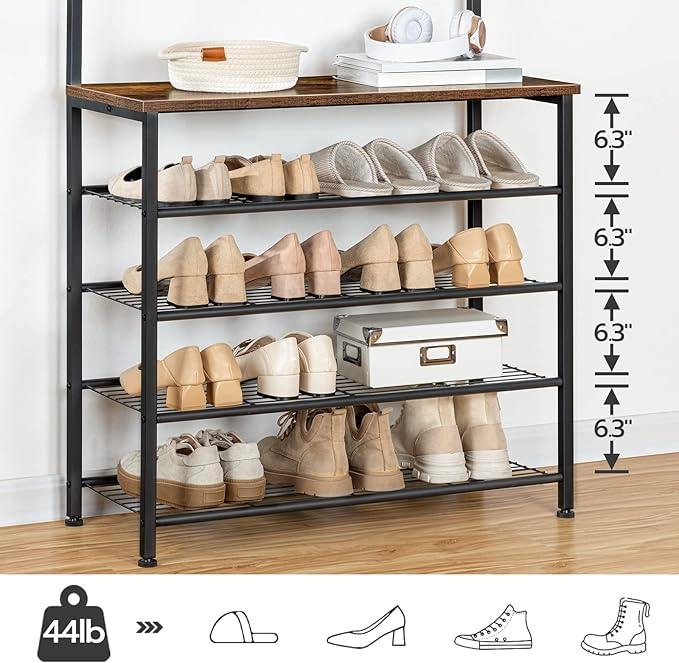 HOOBRO Hall Tree, Coat Rack with Shoe Rack, Hall Tree with Bench, 5 Tier Shoe Storage Organizer with 9 Hooks for Entryway, Closet, Sturdy, Industrial, Rustic Brown and Black BF80MT01G2
