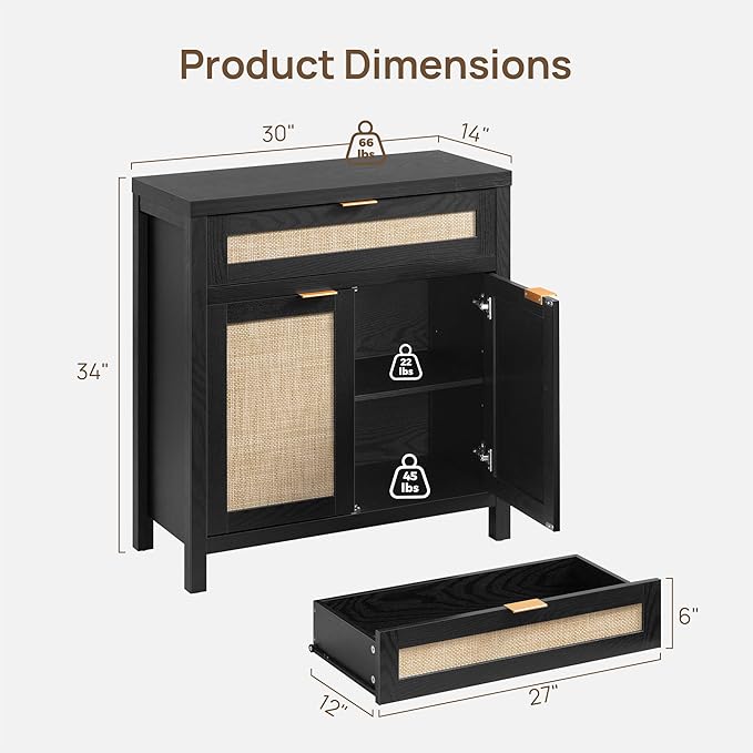 SICOTAS Sideboard Buffet Storage Cabinet, Rattan Accent Cabinet with Doors and Drawer, Modern Credenzas Buffet Table Console Coffee Bar Cabinets for Entryway Living Room, Black