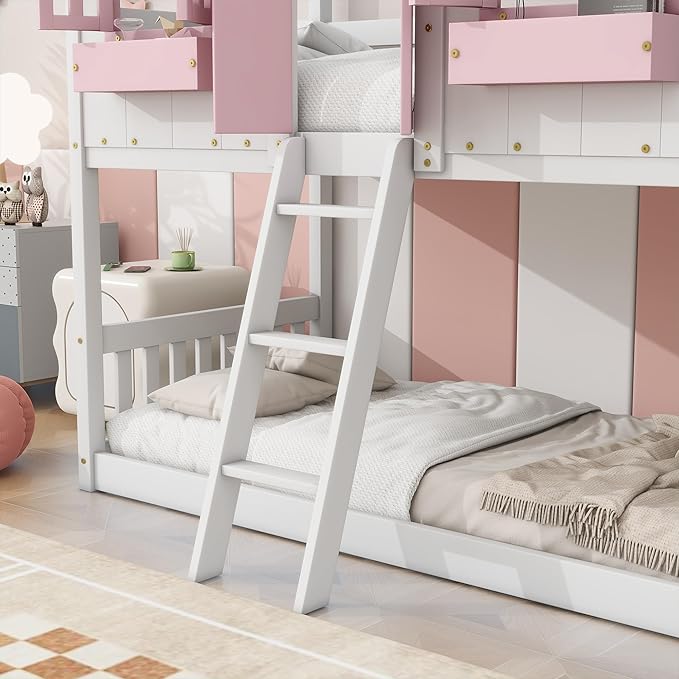 Twin Over Twin Floor House Bunk Bed with Roof and Window, Storage Box, Low Loft Bunker Bed for Small Space, No Box Spring Needed for Kids Girls Boys, Pink/White