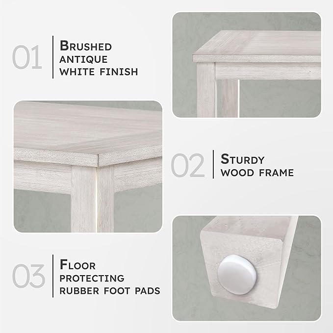 Lexicon 60" Farmhouse Dining Table for 4-6 People, Solid Wood Frame Acacia Veneer Rectangular Kitchen Table, for Kitchen, Dining Room, Living Room, Assembly Required, Brushed Antique White Finish