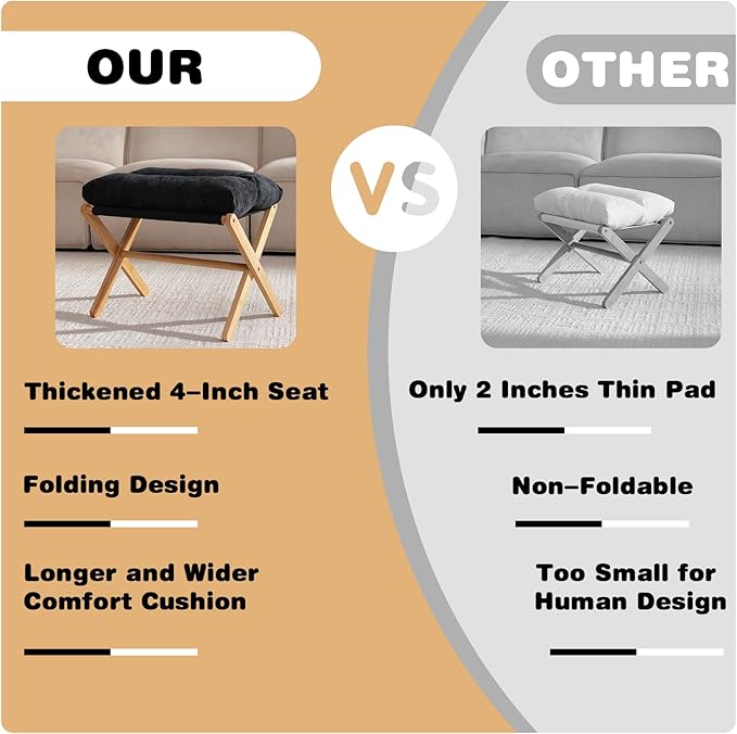 Baveke Ottoman Foot Rest- Bamboo Foldable Stool, Foot Stools Small Ottman with Upholstered & X Legs, Folding Stool for Makeup, Bedroom and Living Room, FSC-Certified (Black)