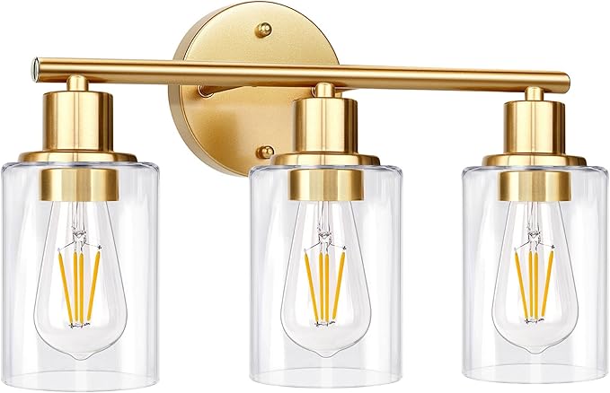 3-Light Gold Bathroom Light Fixtures, Modern Bathroom Vanity Light with Clear Glass Shade, Brushed Gold Bath Wall Mount Lights, Wall Lamp for Mirror Kitchen Bedroom Hallway Living Room Hallway