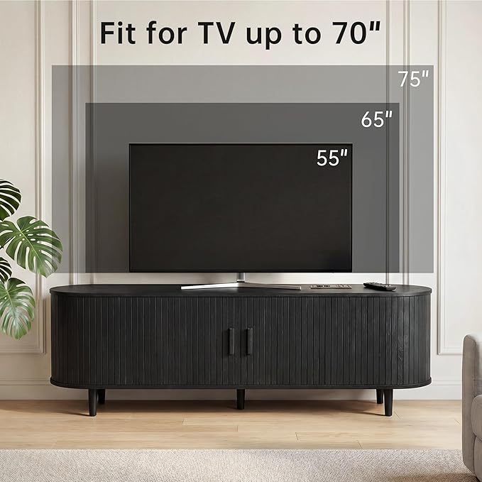 65" Mid Century Modern TV Stand, Wood TV Consoles with Sliding Doors and Power Outlet, Fluted Entertainment Center with Adjustable Shelves, Media Console for Living Room, Black
