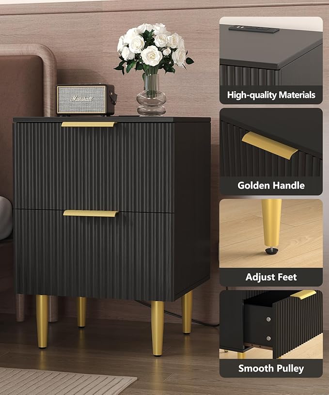 Akxomel Black Nightstand Set of 2, Fluted Night Stand with Charging Station, 13.8" D x 15" W x 23.2" H, 2 Drawers Modern Bedside Table with USB Ports and Outlets, Golden Side Table for Bedroom