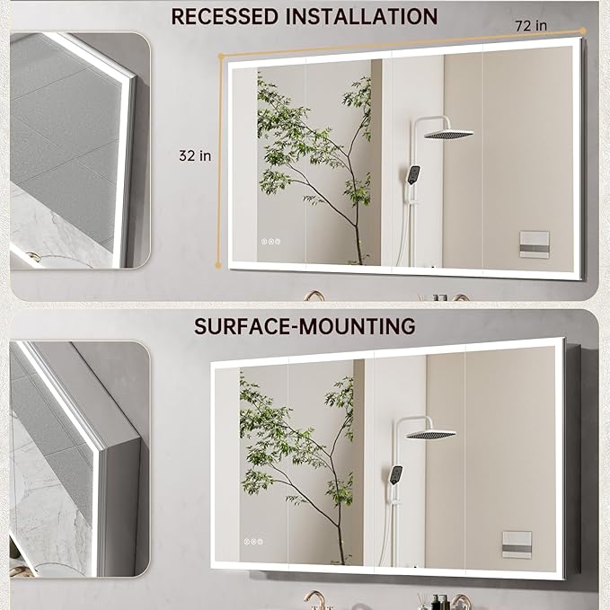 72"x32" Medicine Cabinet Mirror, LED Lighted Medicine Cabinet with Electrical Outlet＆USB, Anti-Fog, 3 Colors Temperature Stepless Dimmable, Aluminum Cabinet for Storage and Mordern Decor