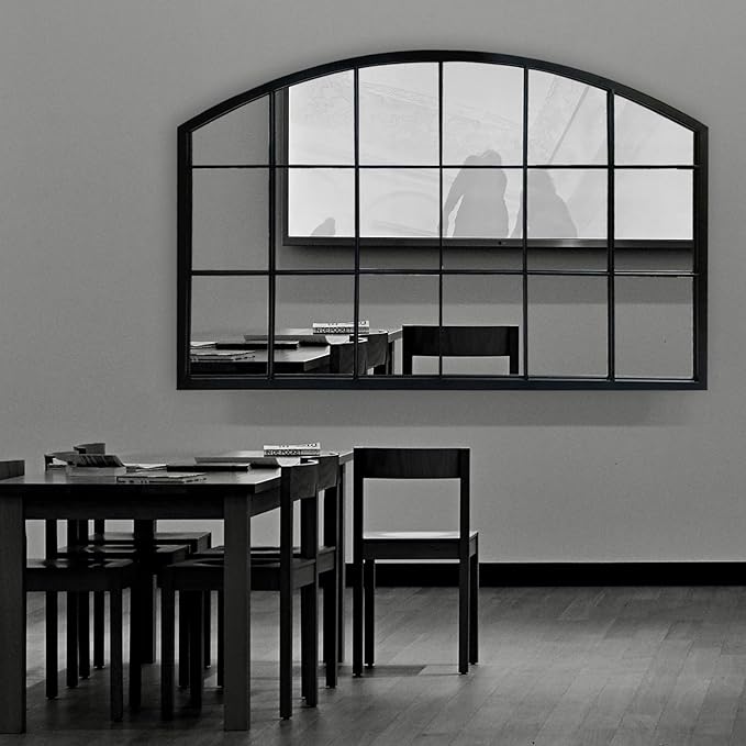 WAMIRRO Black Grid Wall Mirror,Wide Window Pane Black Mirror,Farmhouse Arched Wall Mirror,Mantel Mirror for Fireplace/Entryway/Hallway/Living Room,44“X28”
