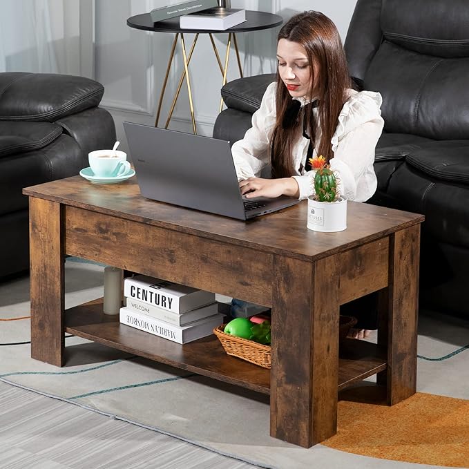 FDW Lift Top Coffee Table with Hidden Compartment and Storage Shelf Wooden Lift Tabletop for Home Living Room Reception Room Office,39.4",Brown