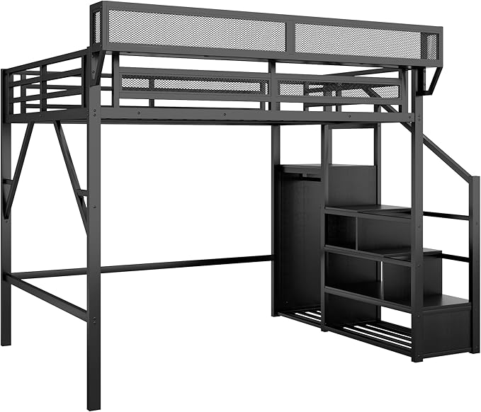 KEIKI Queen Size Metal Loft Bed Frame with Convertible Staircase, Built-in Storage Shelves and Wardrobe, Loft Bed with Solid Slats, Guardrail, No Box Spring Required, Easy Assembly, for Bedroom, Black