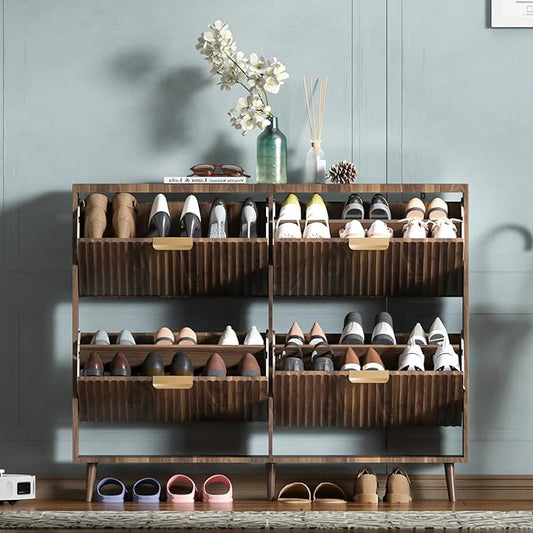 Shoe Cabinet Storage,Modern Freestanding Organizer with 4 Flip Drawers,Narrow Shoe Rack Cabinet for Entryway,Walnut