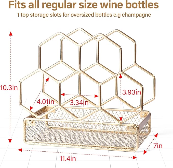 Countertop Wine Rack - 6 Bottle with Cork Storage Freestanding Modern Gold Metal Wine Rack - Tabletop Wine Holder Stand for Cabinet, Pantry, Wine Bottle Storage…