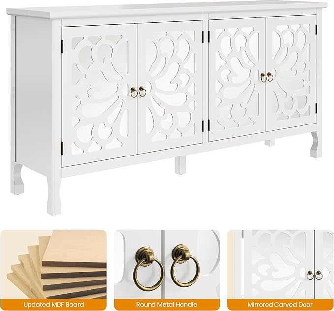 RoyalCraft 63'' Buffet Cabinet with Mirror Butterfly Carved Door, Sideboard Cabinet with Adjustable Shelves, Vintage Accent Credenza Media Console for Entryway, Kitchen, Satin White