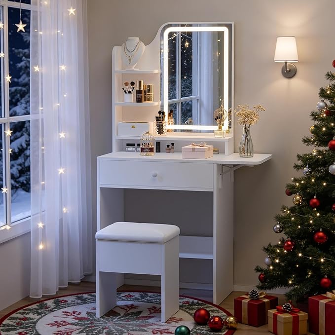 FUXA Small Vanity with Chair, Makeup Vanity Desk with LED Mirror and 3 Light Modes, Girls Vanity Set with Charging Station, Compact Vanity Table with Foldable Top for Small Spaces, White