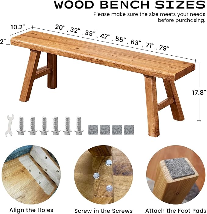 Narrow Entryway Bench Farmhouse Wood End of Bed Bench 20" 32" 39" 47" 55" 63" 71" 79" Sturdy Stable Skinny Long Benchs for Bedroom Hallway Dining Room Porch Easy to Assemble Natural Finish(32")