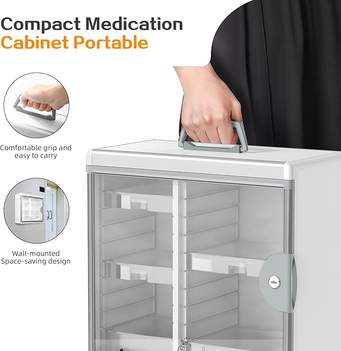 Glosen Lockable Medicine Cabinet with 5 Removable Trays, Wall Mounted & Portable Locking Medicine Cabinet Organizer with Key Lock for Home, Bathroom, Office - Aluminum Frame(13.6x6.5x12.4Inch)