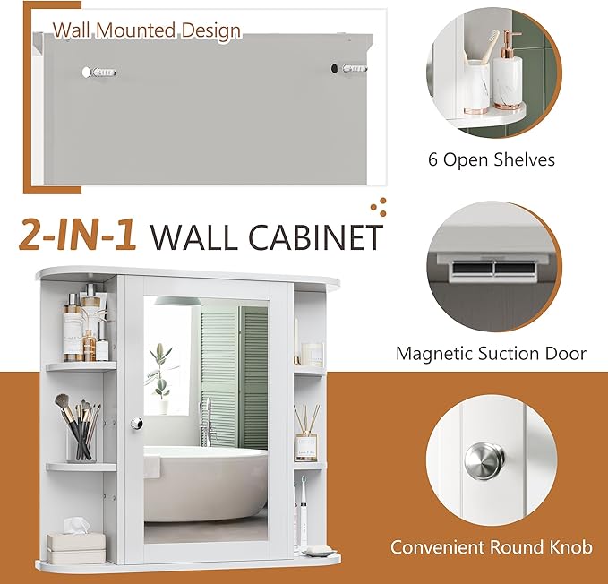 Bathroom Medicine Cabinet, Bathroom Mirror Cabinet Wall Mounted with 6 Side Open Shelves, White Wall Cabinet with Mirror, White