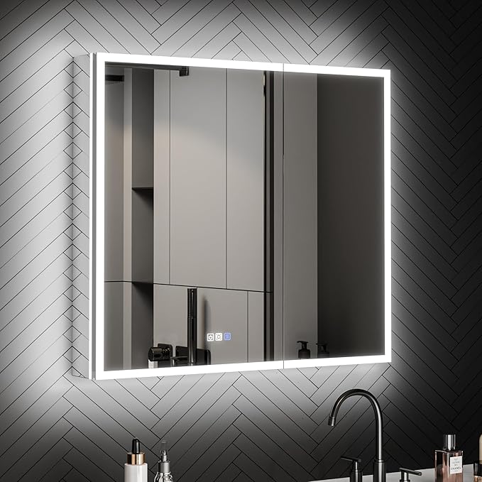ExBrite 36 x 32 Lighted Medicine Cabinet with Mirror, Front&Backlit led Medicine Cabinet,Defog,5X Magnifier,3 Colors Temper Dimmable,Surface or Recessed Mount,Door Wide Open