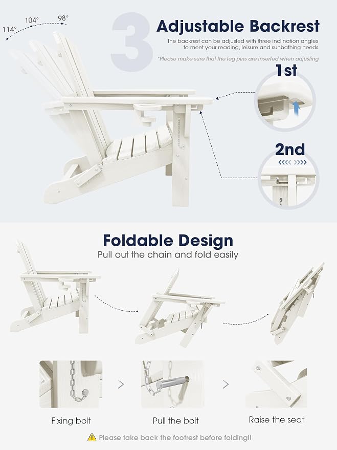 KINGYES Folding Adjustable Adirondack Chair with Ottoman & 2 Cup Holders Set of 2, HDPE Adirondack Recliner Chair with Footrest, White