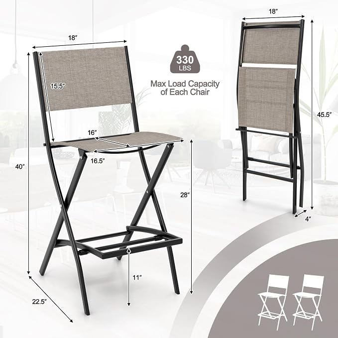 Giantex Folding Patio Bar Chairs Set of 2, Outdoor Counter Height Bar Stools with Footrest & Back, All-Weather Resistant, Metal Frame, for Porch Deck Lawn Garden, Light Brown
