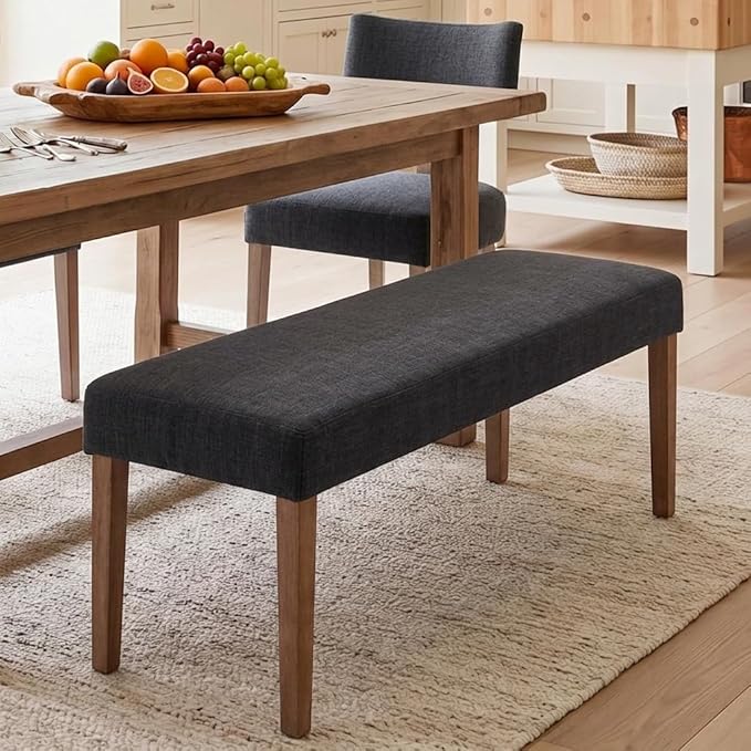 HNY Farmhouse Upholstered Dining Bench Seat, 45" Linen Entryway Bench with Natural Wood Legs, Mid Century Modern End of Bed Bench for Kitchen Bedroom Living Room Hallway, for 2-3 Person, Charcoal