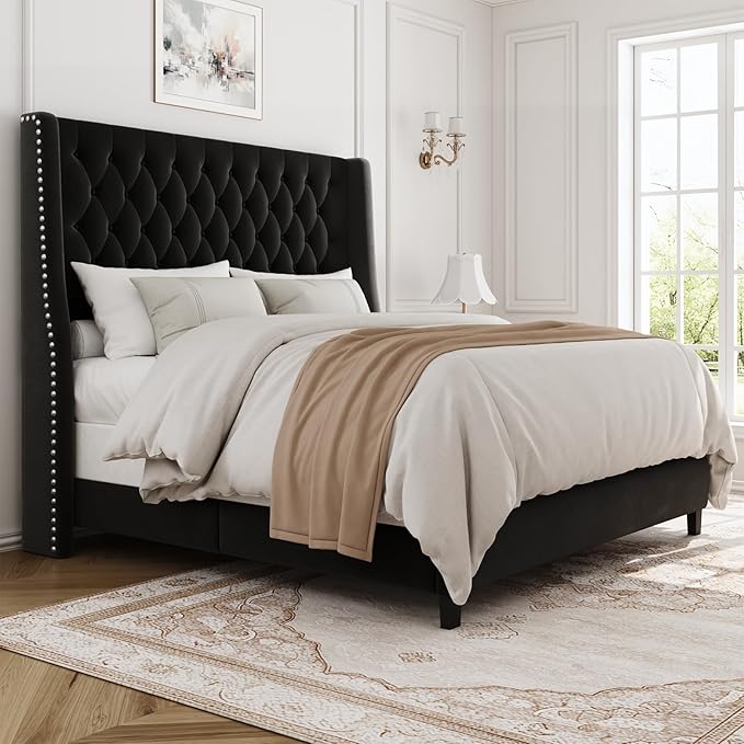 Queen Bed Frame with 55" Tall Headboard, Upholstered Black Bed Frame Queen, Soft Fabric, Button Tufted Headboard with Windback, Platform Bed, Noise-Free, No Box Spring Needed