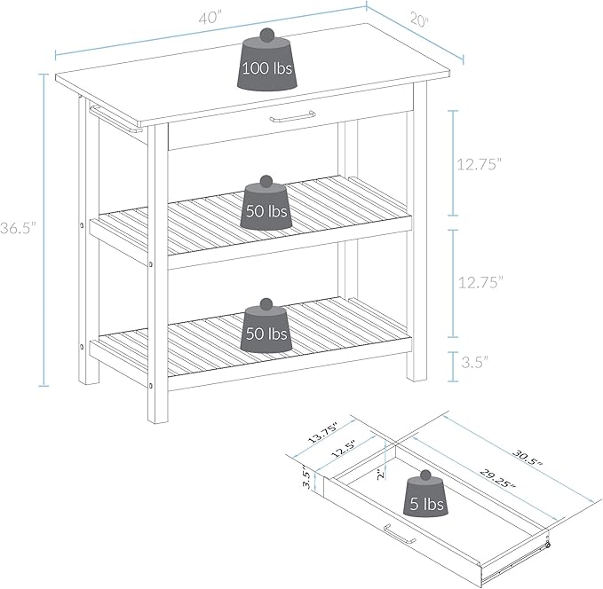 Casual Home Solid Wood Kitchen Island, Natural Maple Top, White Base (New) 40*20*36.5inch